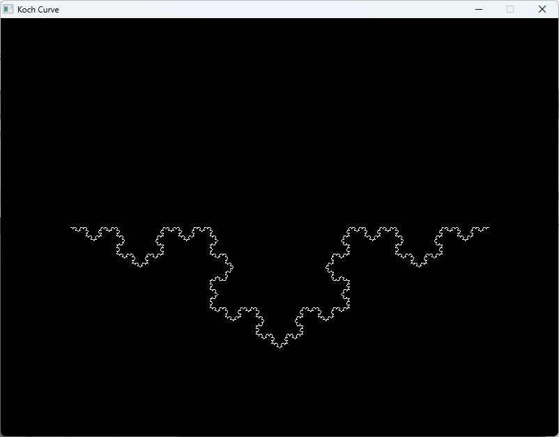 黒い背景に表示されるコッホ曲線に似たフラクタル パターン。曲線は、対称的なデザインを形成する無限に繰り返されるギザギザの線で構成されています。